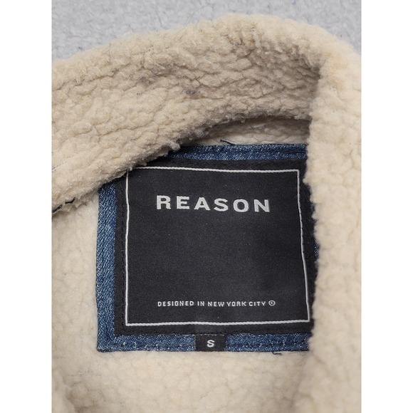 Reason Jacket Mens Small Sherpa Lined Denim Patch Embroidered Graphic Streetwear - Picture 3 of 12